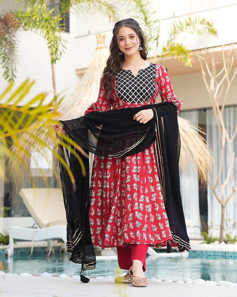 Red And Black Color Printed Pure Cotton Anarkali Suit