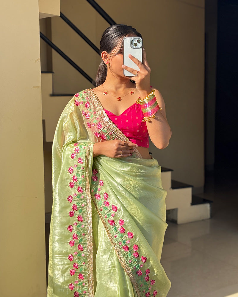 Parrot Green Color Chiffon Embroidered Saree