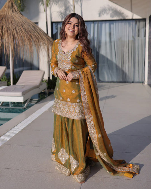 Golden Olive Color Fendi Crush Embroidered Plazzo Suit