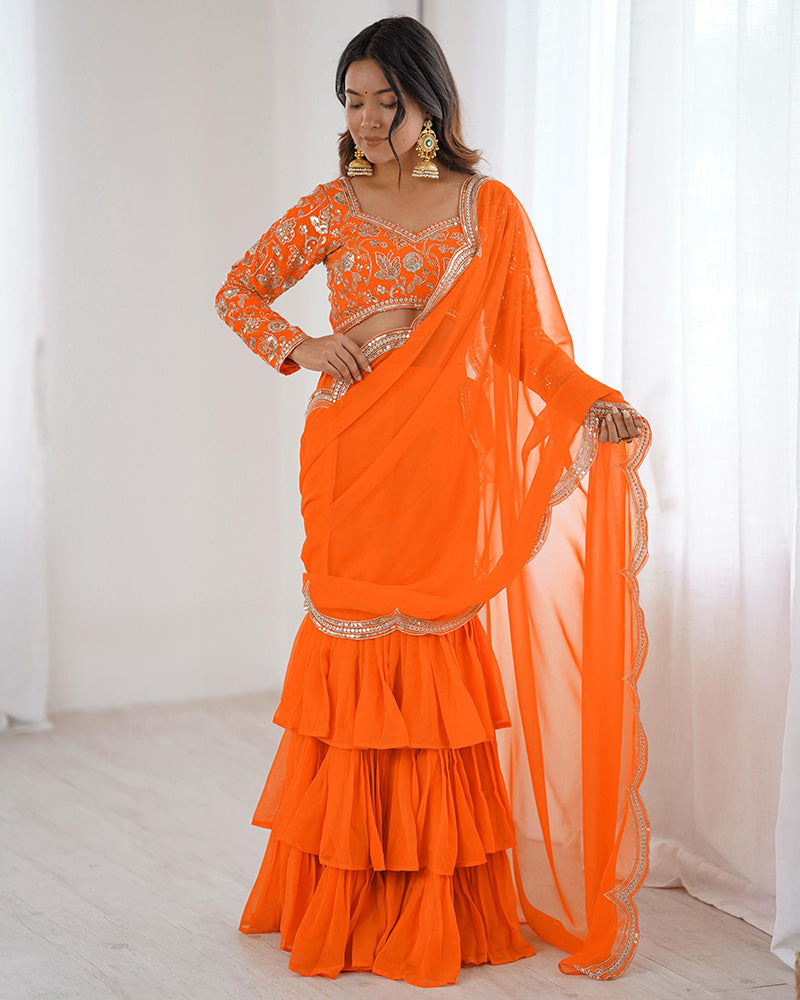 Orange Color Faux Georgette Ruffle Lehenga Saree