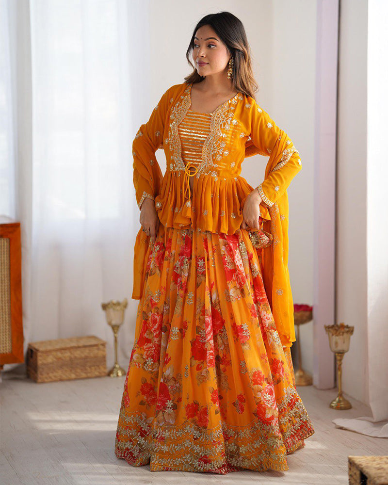 Mustard Color Georgette Printed And Embroidered Lehenga Choli
