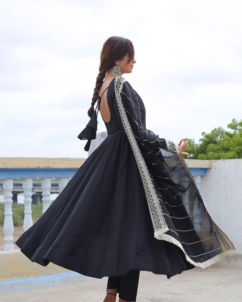 Black Color Georgette Anarkali With Embroidered Dupatta