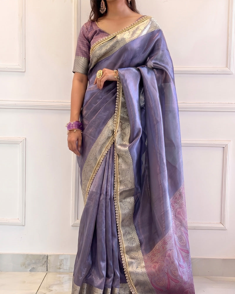 Dusty Blue Color Banarasi Tissue Silk Saree