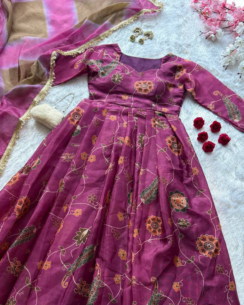 Onion Color Digital Printed Soft Organza Gown