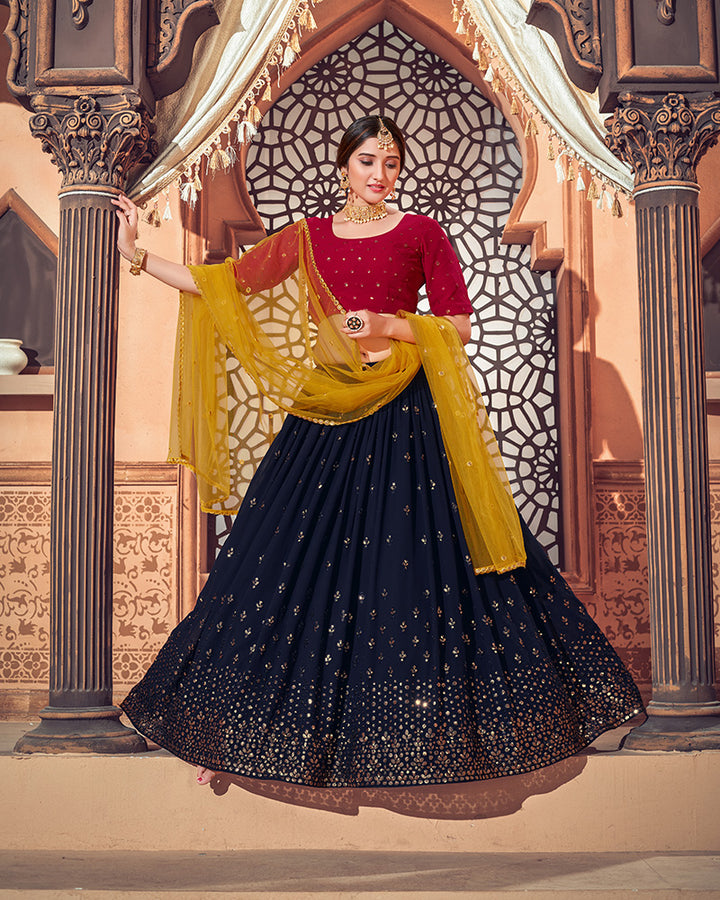 Beautiful Navy Blue And Rani Pink Georgette Lehenga Choli