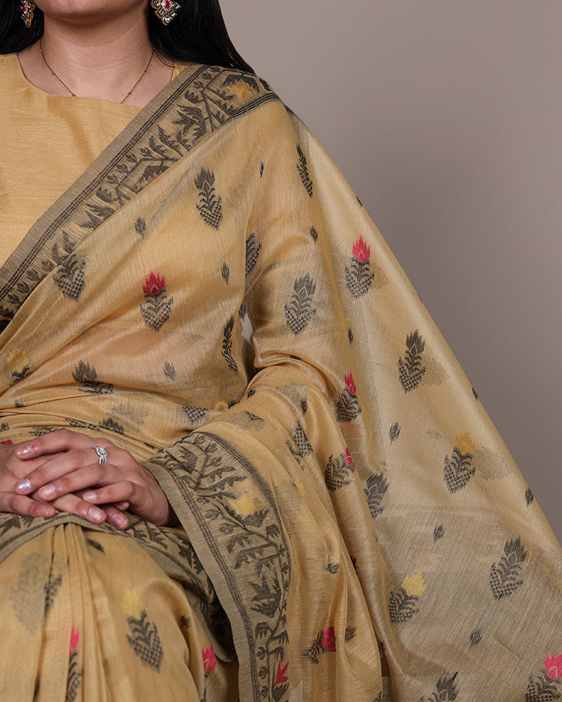 Yellow Color Thread Weaving Poly Cotton Saree