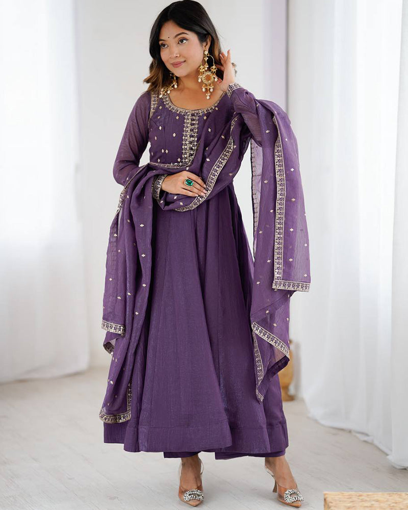 Dusty Mauve Color Crunchy Silk Three Piece Anarkali Suit