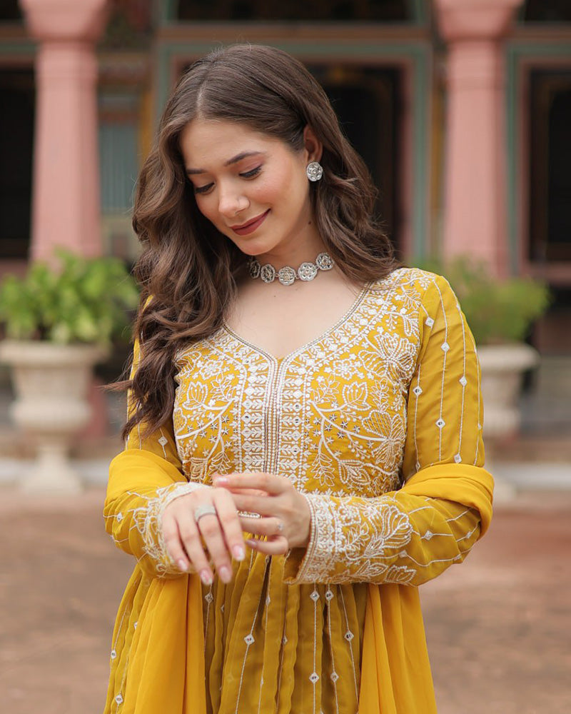 Yellow Color faux Georgette Embroidered Sharara Suit