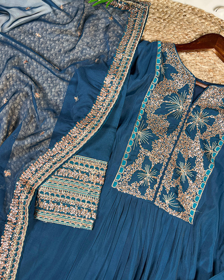 Teal Green Color Roman Silk Three Piece Kurti Suit