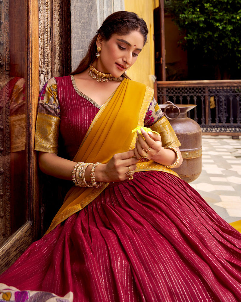 Red Color Poly Chanderi Printed Half Saree