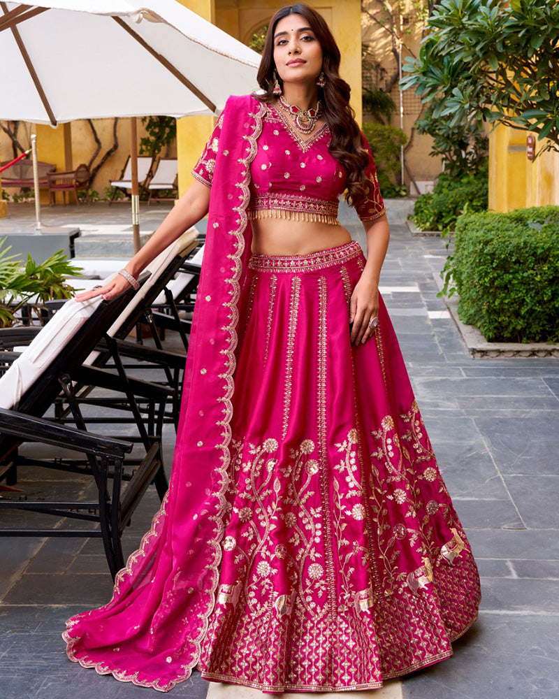 Rani Pink Color Natural Silk Embroidered Lehenga Choli