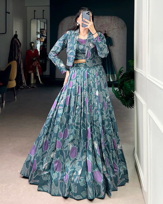 Teal Blue Color Tasar Silk Printed Lehenga Choli With Koti