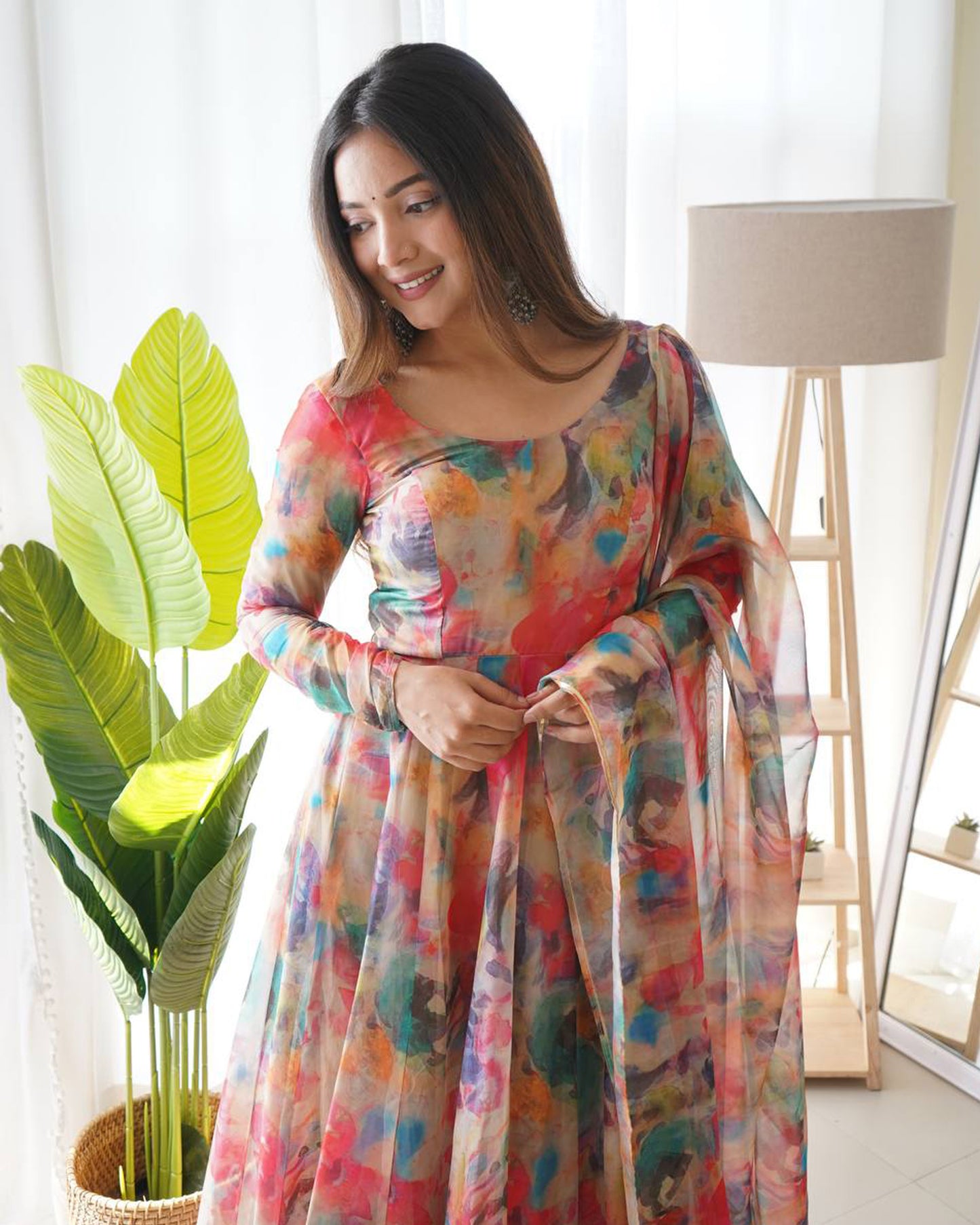 Red Multi Color Print Organza Three Piece Anarkali Suit