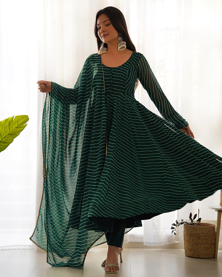 Green Color Laheriya Print Georgette Three Piece Anarkali Suit