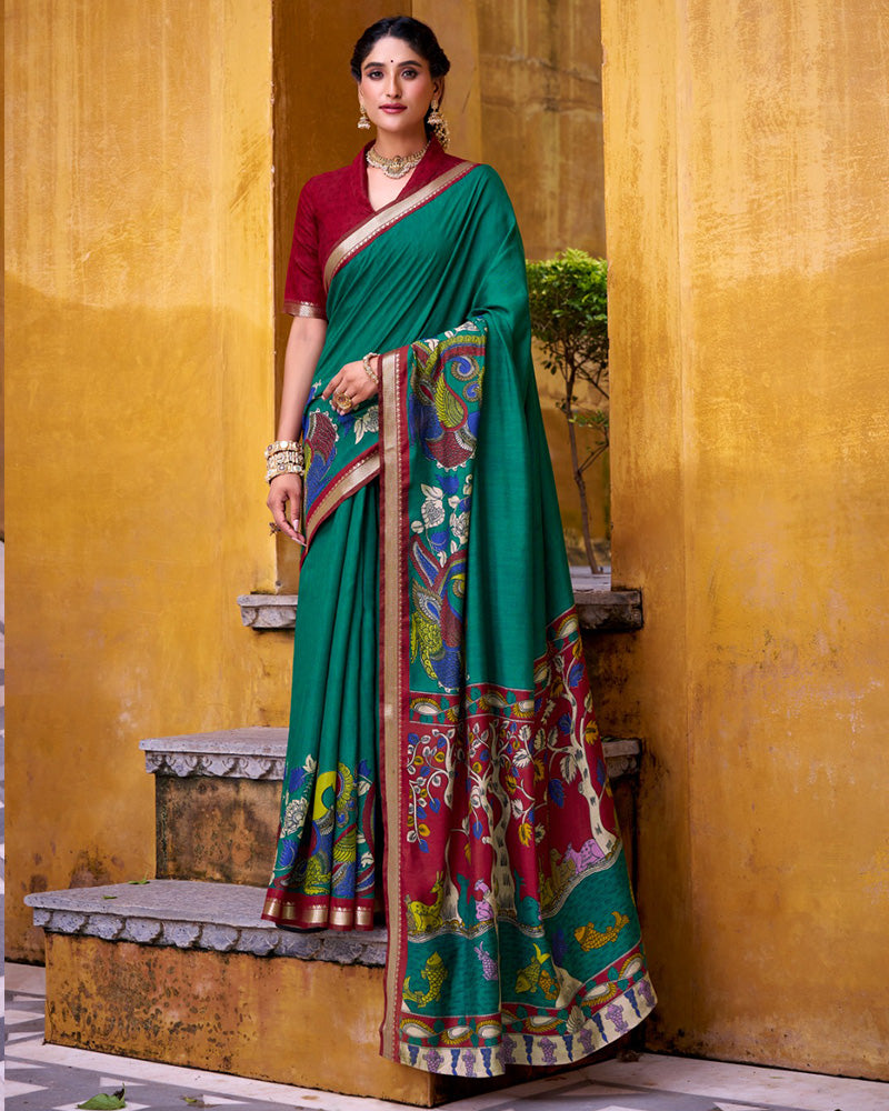 Firozi Color Viscose Chanderi Printed Saree