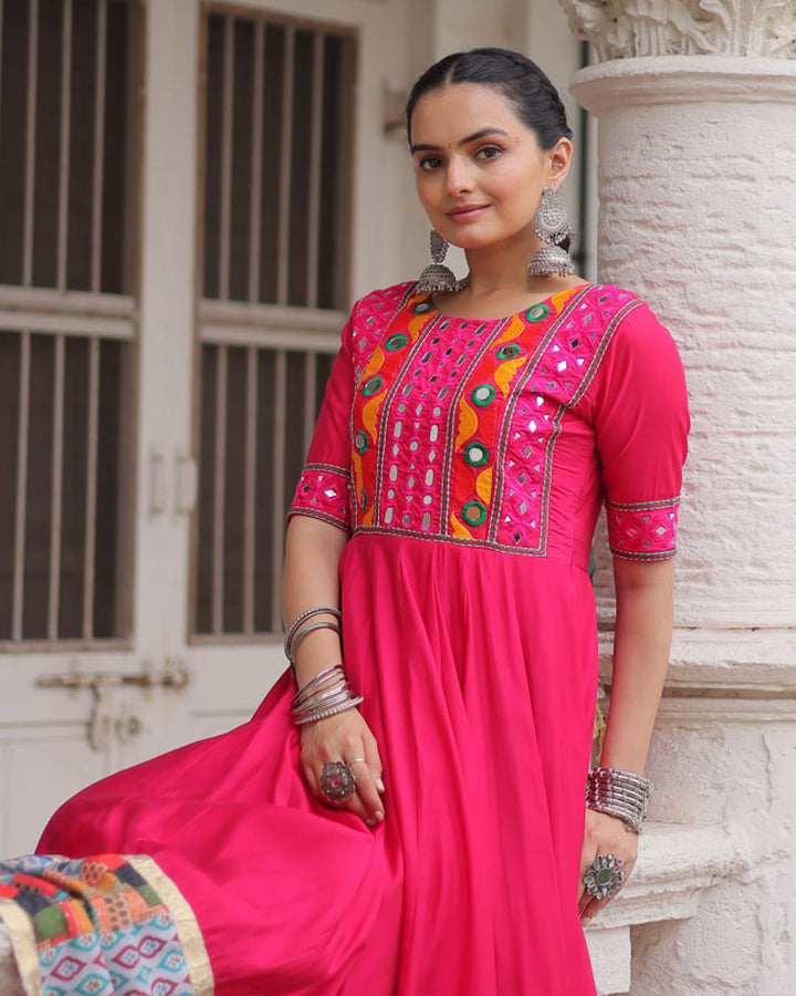 Colorful Border Pink Color Roman Silk Gamthi Work Navratri Gown