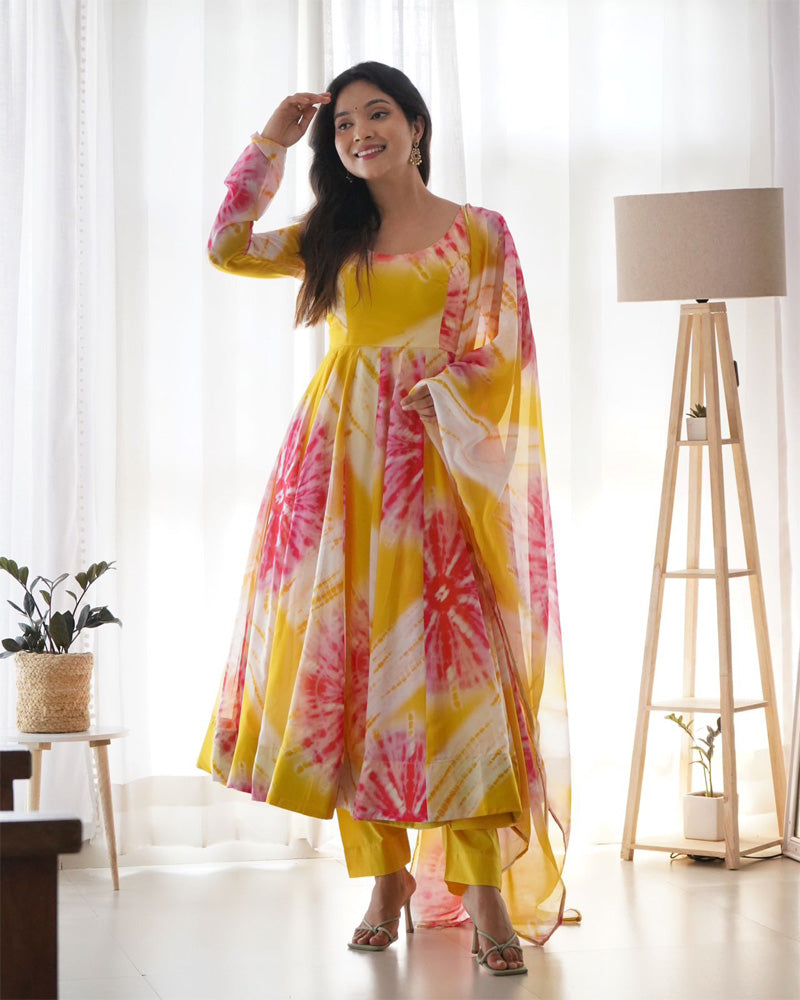Yellow Pink Pure Soft Organza Silk Kali Style Anarkali Three Piece Suit