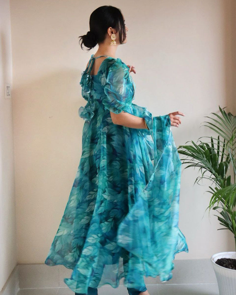 Firozi Color Printed Pure Organza Silk Anarkali Suit