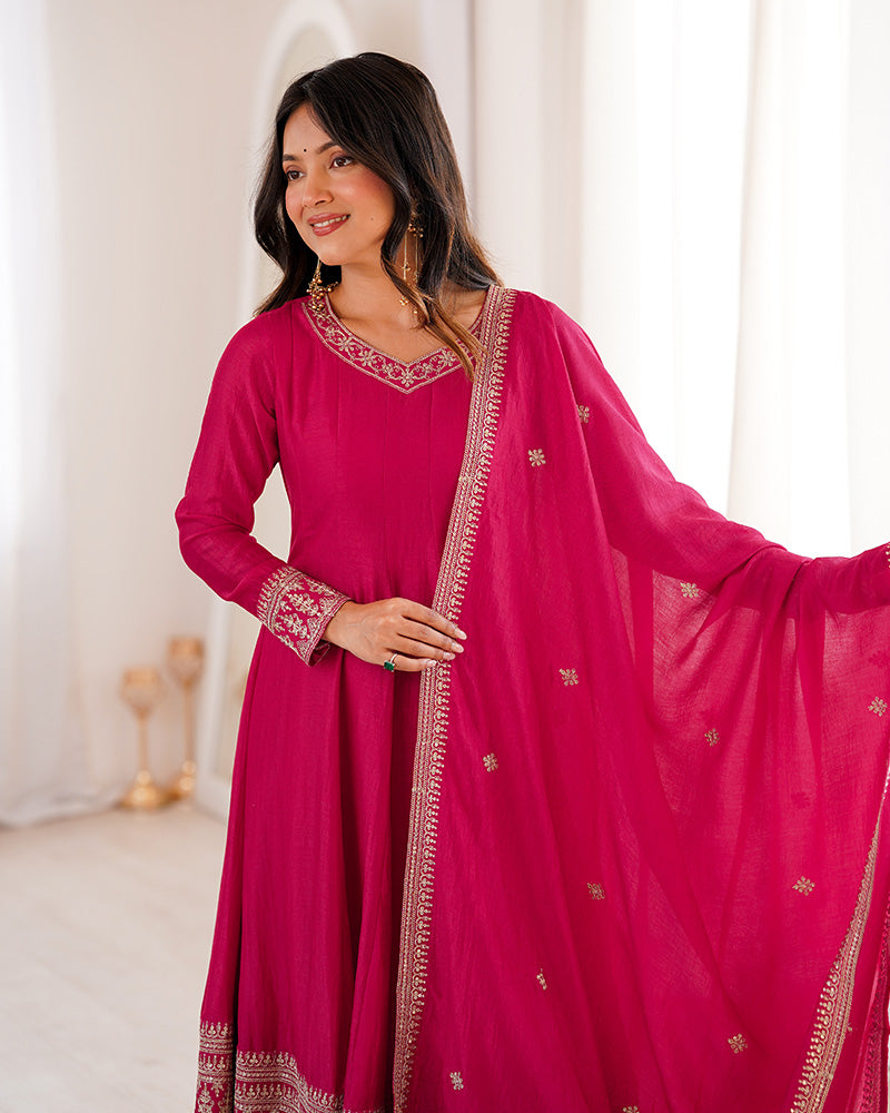 Rani Pink Color Blooming Vichitra Silk Anarkali Suit