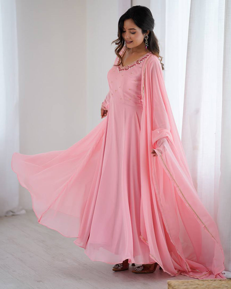 Baby Pink Color Georgette Three Piece Anarkali Suit