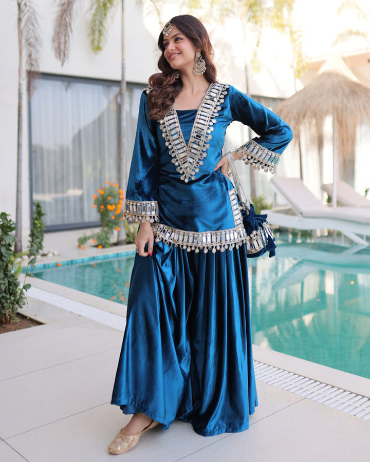 Peacock Blue Color Ice Velvet Embroidered Plazzo Suit