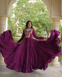 Three Color Rayon With  Kutchi Gamthi Embroidered Navratri Gown