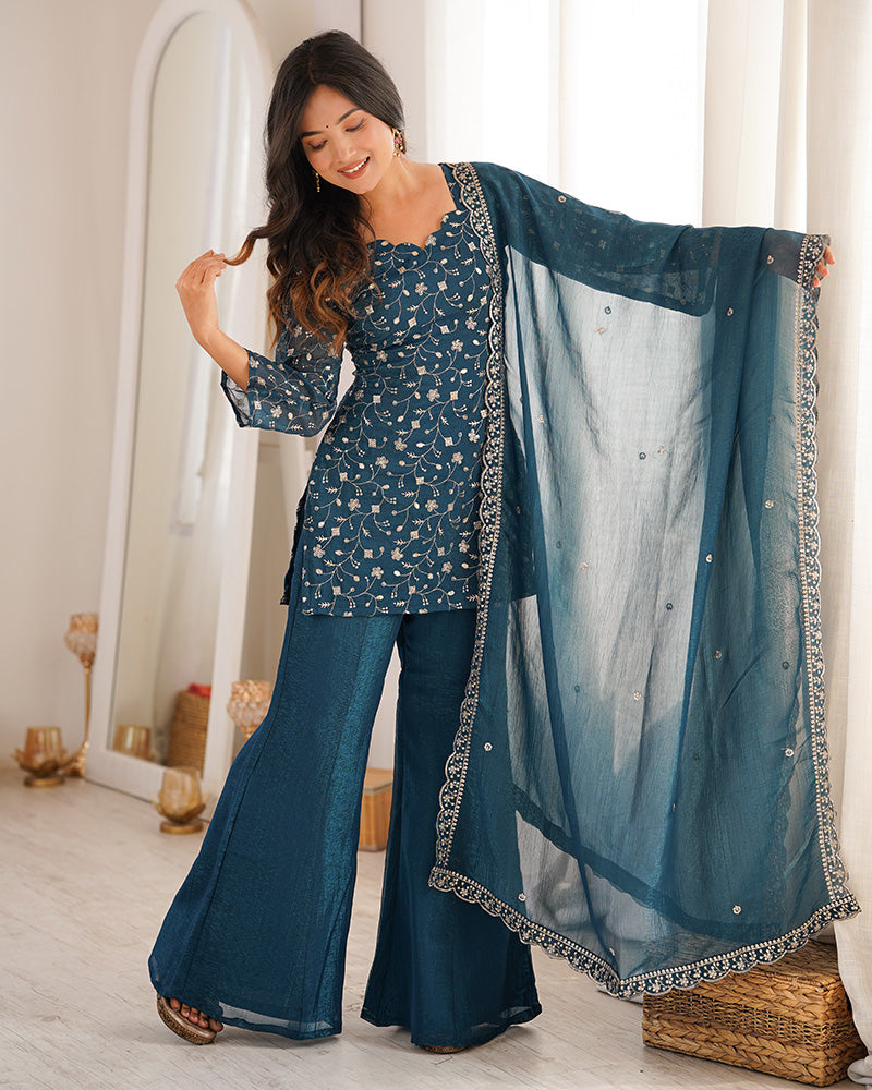 Teal  Blue Color Crunchy Silk Embroidered Plazzo Suit