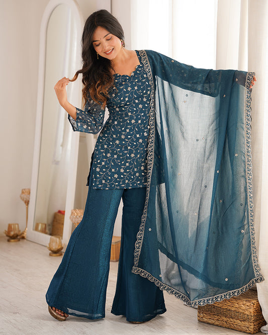 Teal  Blue Color Crunchy Silk Embroidered Plazzo Suit