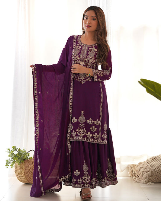 Wine Color Pure Chinon Silk Embroidered Plazzo Suit