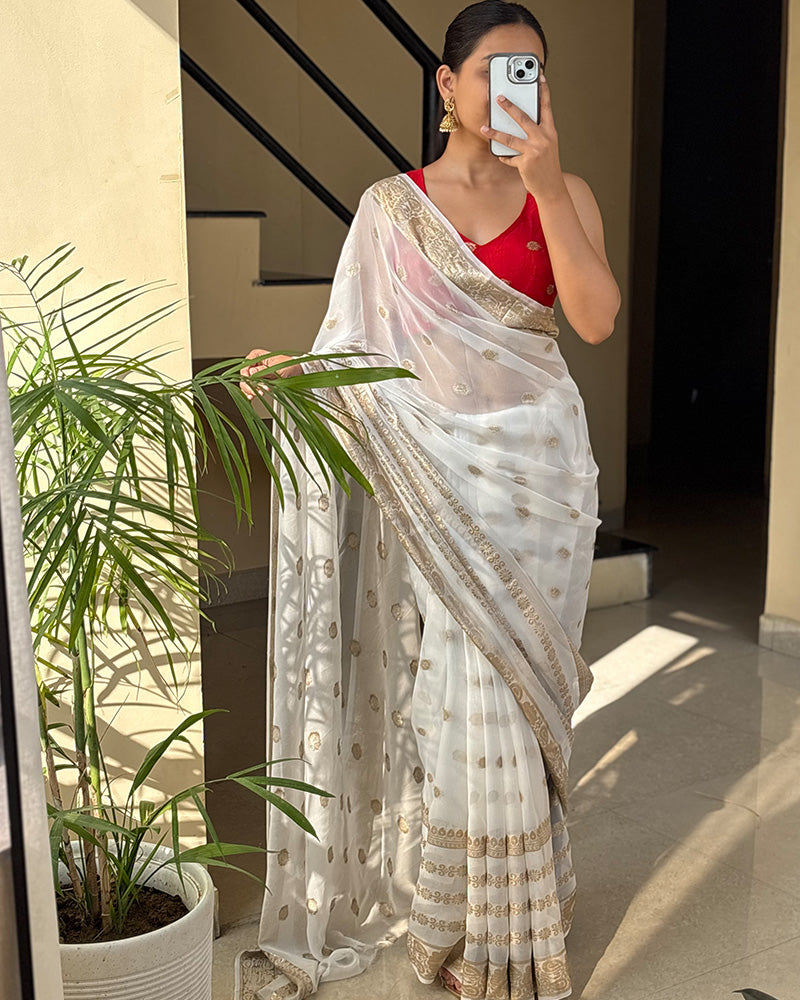 White Color Pure Viscose Georgette Saree