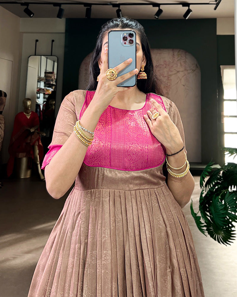 Brown Color Mass Mello Zari Weaving Gown