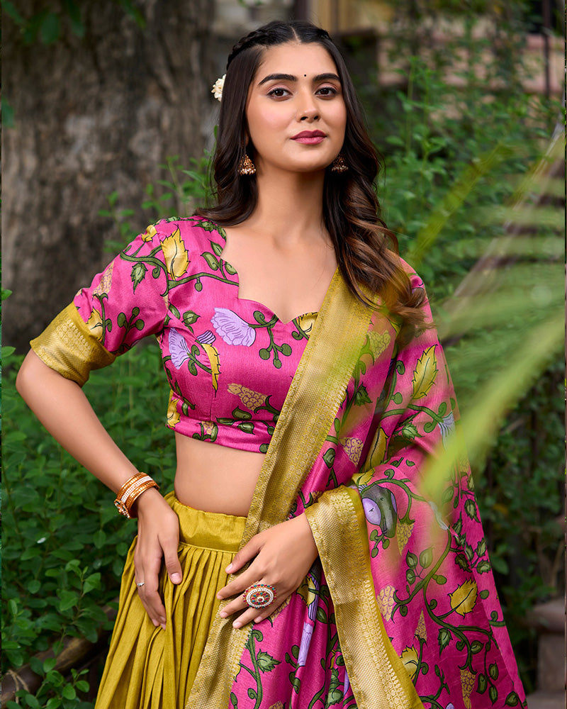 Mustard Color Dola Silk Designer Kalamkari Print Half Saree