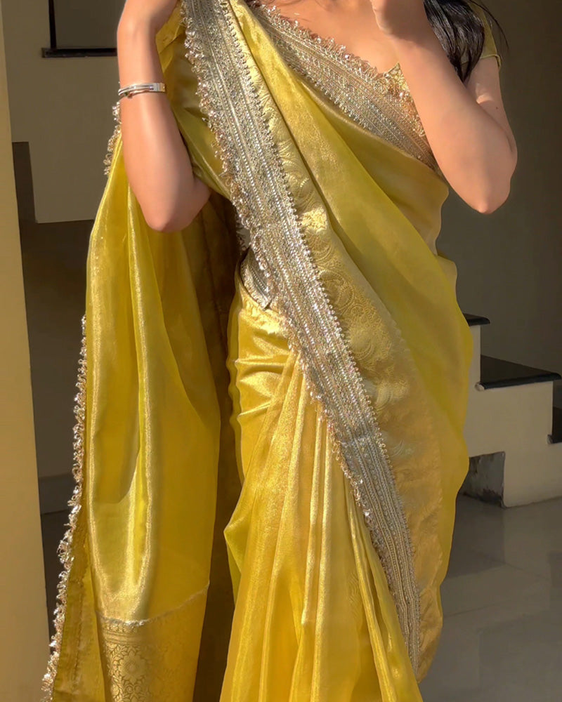 Yellow Coloor Banarasi Organza Tissue Silk Saree