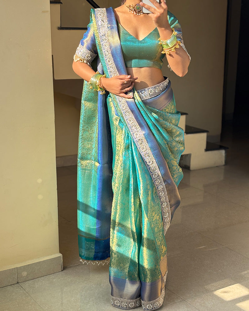 Morpich Color Banarasi Tissue Silk Zari Weaving Saree