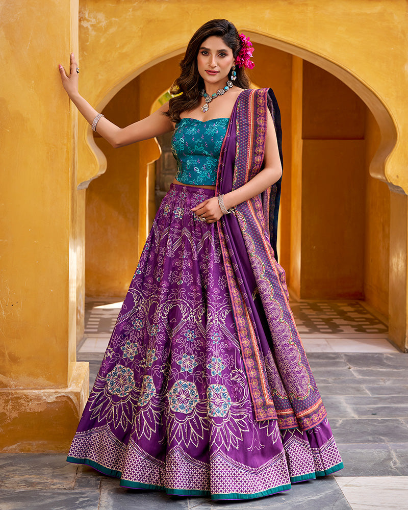 Purple Color Vichitra Silk Printed And Embroidered Lehenga Choli