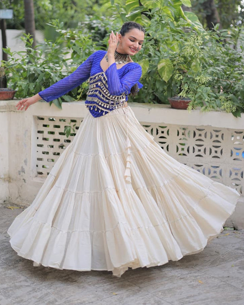 Royal Blue Color Laheriya Print Kurti With Kora Cotton Lehenga