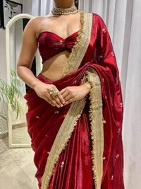 Cream Color Space Satin Embroidered Saree
