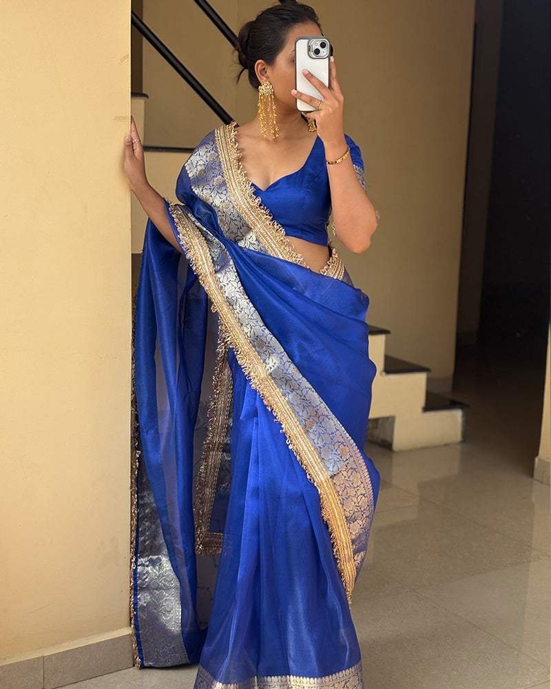 Blue Color Banarasi Tissue Silk Stone Work Saree