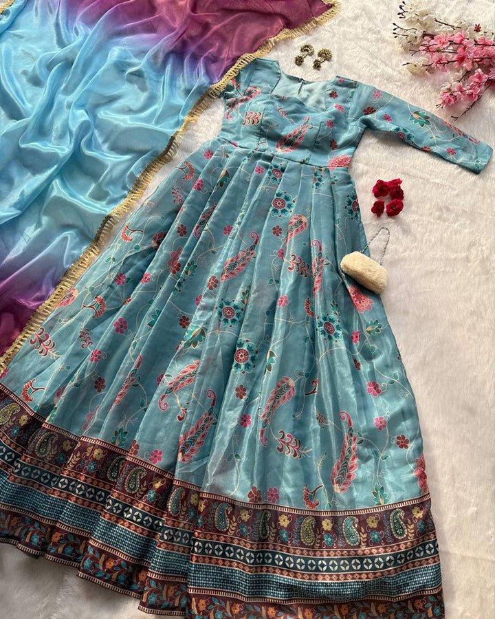 Sky Blue Color Digital Printed Soft Organza Gown