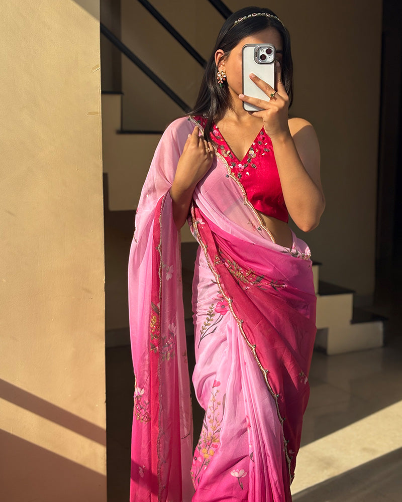 Pink Color Tebby Silk Floral Printed Saree