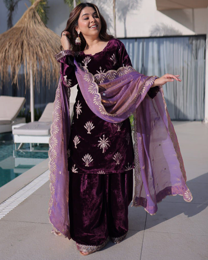 Wine Color Ice Velvet Embroidered Plazzo Suit