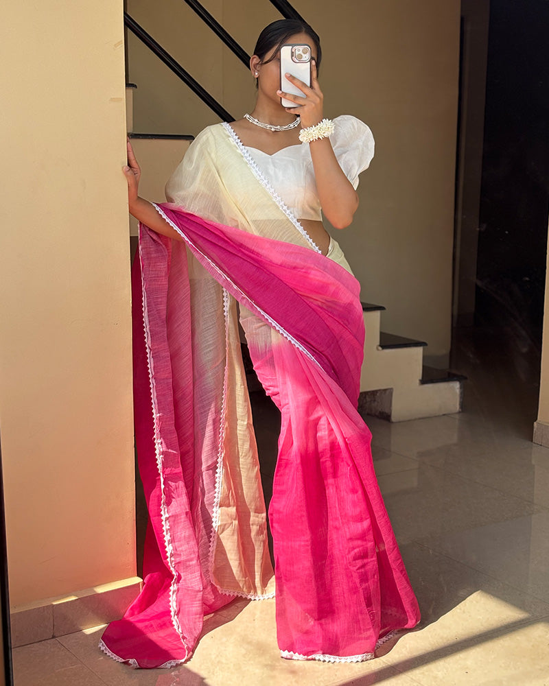 Pink And White Color Linen Cotton Saree