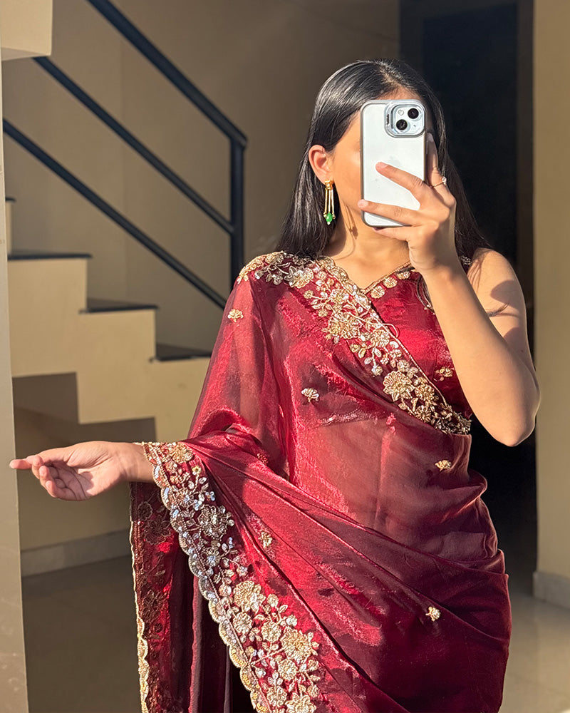 Maroon Color Space Silk Beads Embroidered Saree