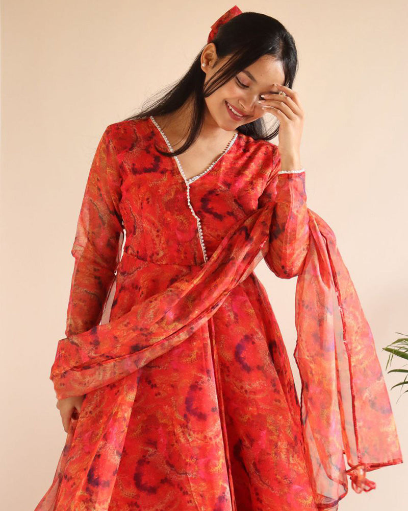 Orange Color Printed Pure Organza Silk Anarkali Suit