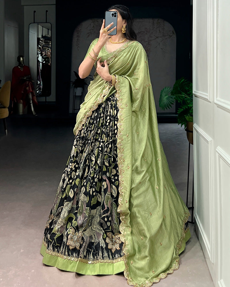 Black Color Tussar Silk Kalamkari Printed Lehenga Choli
