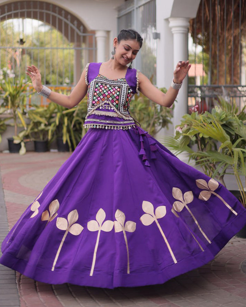 Six Color Roman Silk With Gota Patti Work Navratri Lehenga Set