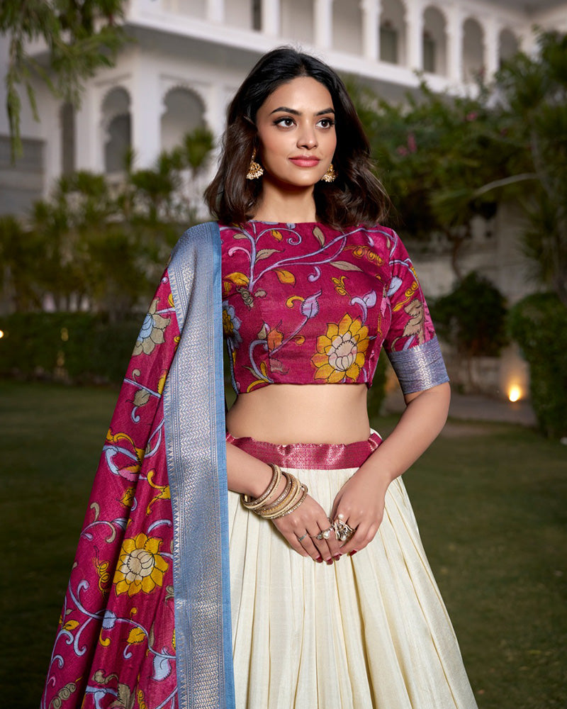 Off-White Color Dola Silk Kalamkari Printed Lehenga Choli