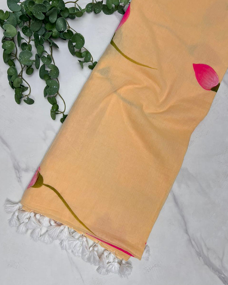Cream Color Pure Mal Cotton Krishna Printed Saree