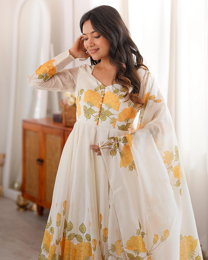 Creamish White Color Floral Print Organza Three Piece Anarkali Suit