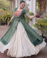 Green  Color Bandhani Printed Kurti With Kora Cotton Lehenga